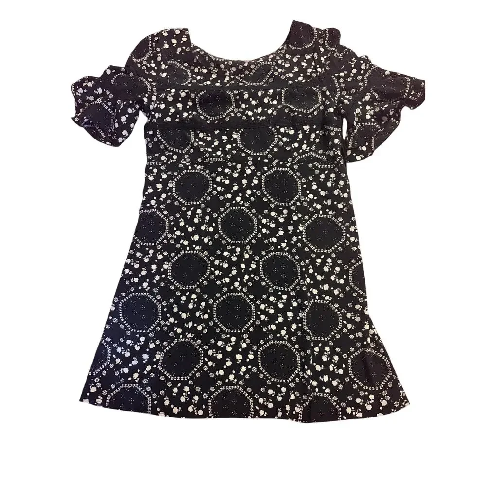 Free People Women’s Size 12 Black White Floral Ruffle Sleeve Mini Dress Boho